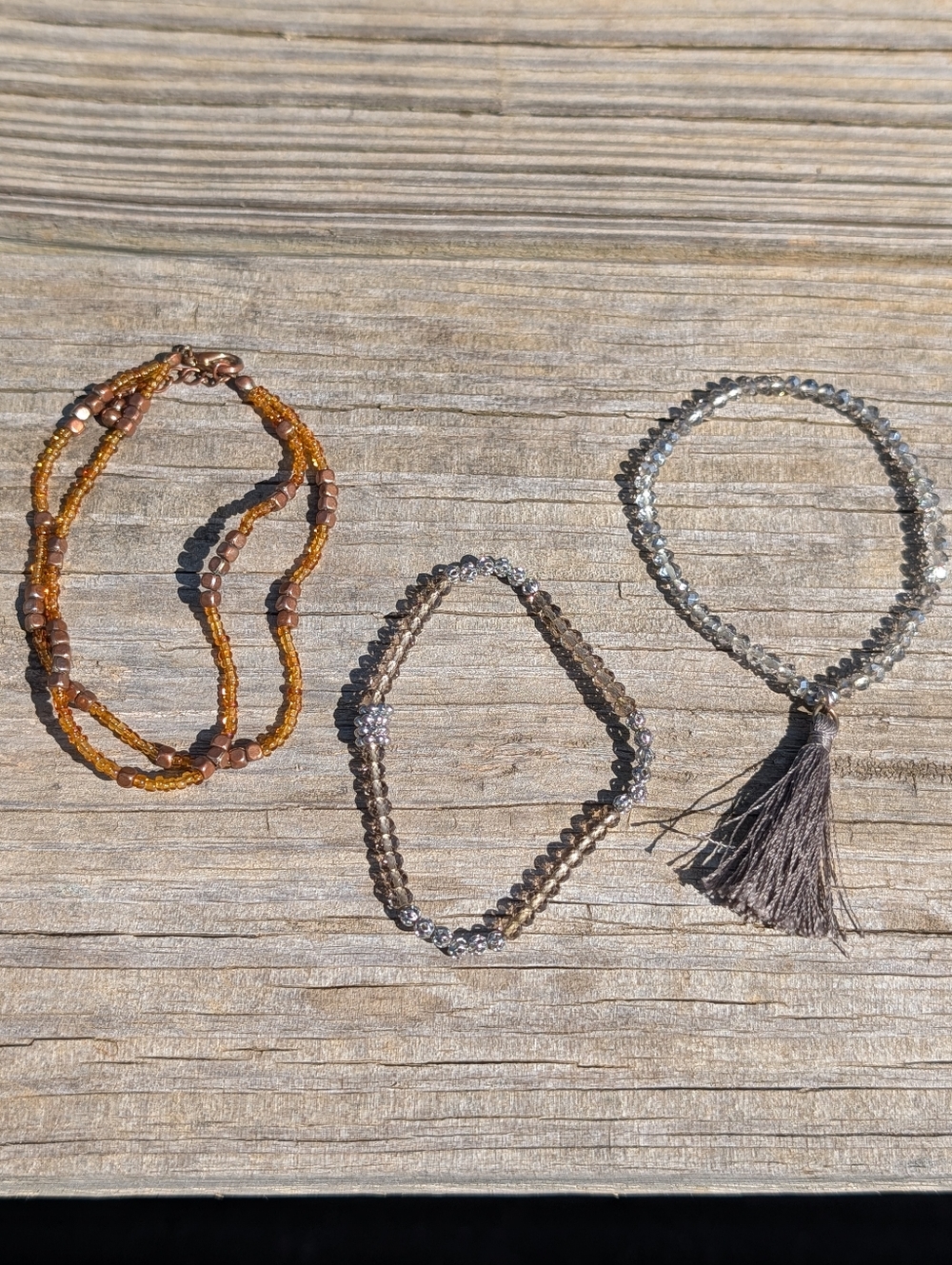Set Of 3 Beaded Bracelets Amber and Smoky Crystals